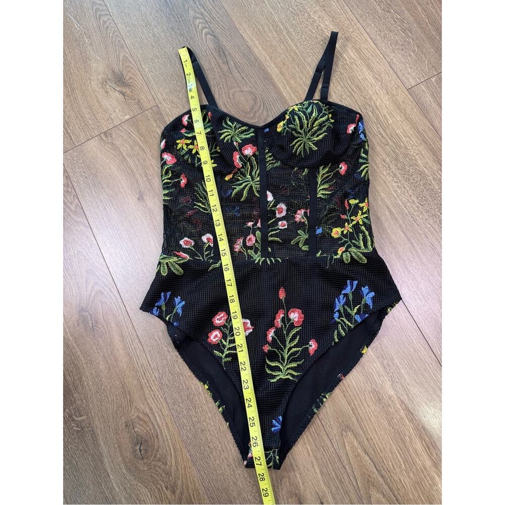 Allen Schwartz Embroidered Floral Mesh Corset Bodysuit Black Size 4 Sheer - Picture 9 of 9